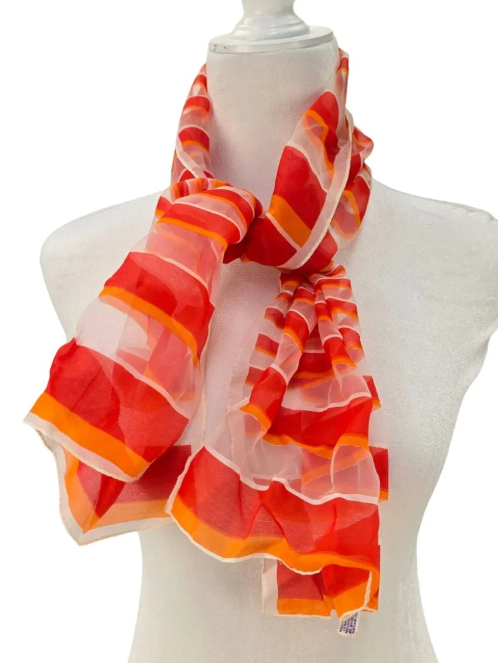 Vtg 60s 70s Mod B&H Japan Nylon Scarf Colorful Orange Sheer Stripe 42